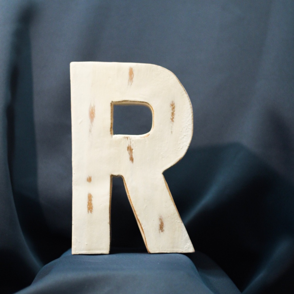 R Initial White Wood Distressed Decor Initial